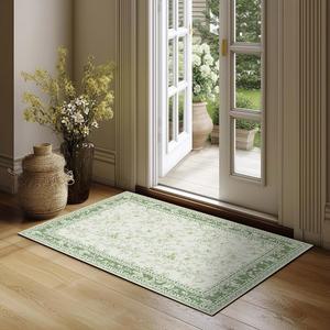 작은 녹색 러그 5.1x7.6cm(2x3인치) 세이지 그린 주방 입구용, 부드럽고 세탁 가능한 꽃무늬 스케치 프린트 미끄럼 방지 매트, 낮은 파일 실내 욕실 농가 카펫 입구 코티지