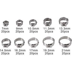 200개 단일 이어 호스 클램프 304 스테인리스 스틸 5.8-21mm 스텝리스 신치 링 크림프 어소트먼트 키트 플