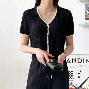 배색 골지 여성 반팔가디건 여자가디건