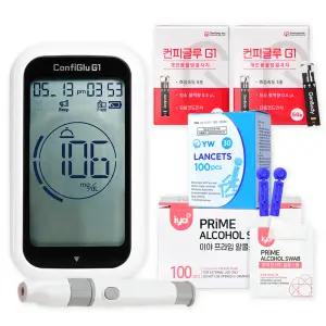 컨피글루 G1 혈당측정기+시험지 100매+ 침110개+알콜솜100매 당뇨 당 체크기 검사기세트 초간편사용