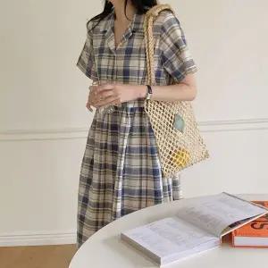 [보리보리/보리맘]린넨 체크 카라 여름 롱 원피스