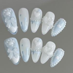 곰 발 디자인 수제 프레스 네일  연청 인조 손톱  풀 커버 웨어러블  달콤한  아몬드 팁