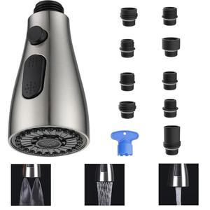 [미국배송] 주방 수도꼭지 분무기 헤드 교체 - 9개의 어댑터 3가지 기능이 있는 헤드를 아래로 당깁니다(브러시드 니켈)