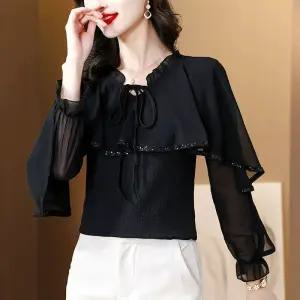 쉬폰 프릴 나팔소매 시스루 블라우스 상의 긴팔 라인댄스