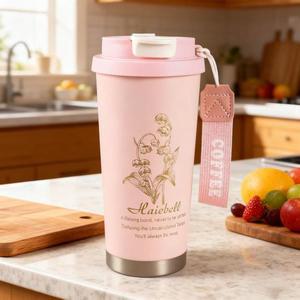 500ml 진공 단열 텀블러 빨대 뚜껑 포함 스테인리스 스틸 이중벽 물병 은방울꽃 디자인 커피컵