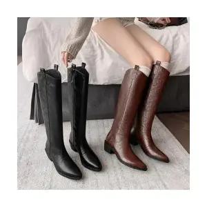 여성용 롱부츠 신발 가을 겨울 빈티지 트렌드의 뾰족한 롱 부츠 못지 않게 웨스턴 데님 트렌드 KS4