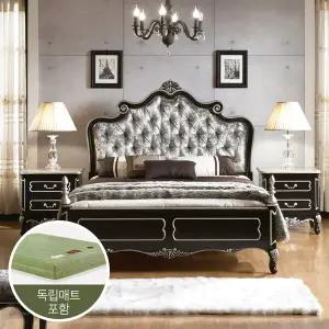 무료배송 로젠 블랙 엔틱 원목 벨벳 퀸침대 (+독립매트리스)