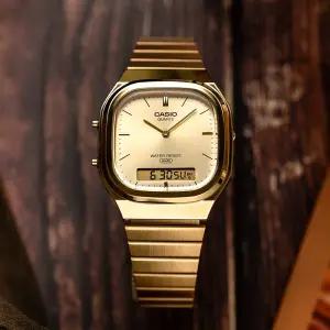 카시오 빈티지 레트로 금장 옥타곤 남녀공용 전자 메탈시계 AQ-240EG-9A