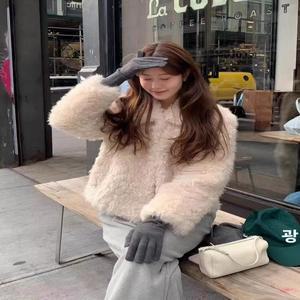 온스 퍼 앤 레더 재킷 여성용 소프트 베이지 스위트  겨울 코트 긴  폴리에스터 출퇴근 스타일 루즈핏