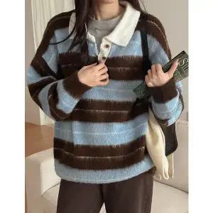 [공구우먼] 로행 브러쉬 카라 스트라이프 니트 85913 빅사이즈 여성의류