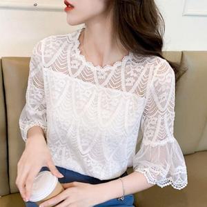 흰색 레이스 블라우스 나팔소매 라틴 줌바 칠부 쉬폰 댄스복 라인댄스복