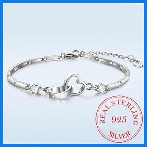 여성을위한 새로운 매력 925 스털링 실버 팔찌 Bangles 발렌타인 데이 선물 큐빅 지르콘 더블 하트 팔찌 쥬