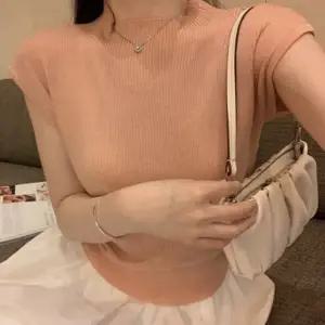 핑크 골지 니트 티셔츠 슬림핏 반팔 목폴라