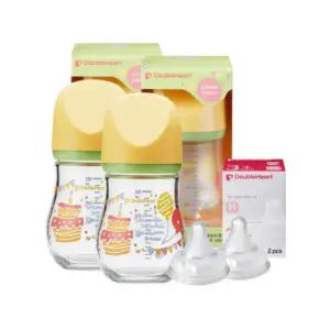 더블하트 아기 유리 젖병 160ml 젖꼭지 M 선물 옐로우 BNS