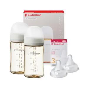 더블하트 수유 젖병 240ml 2개 젖꼭지 M 세트 베이지 BNS