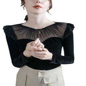 벨벳 라인댄스 라틴댄스복 댄스 상의 시스루 공연복 무대의상 긴팔 겨울 라인댄스복 댄스티