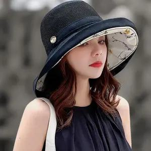 여성용 여름 햇빛 차단 넓은 챙 니트 버킷 모자