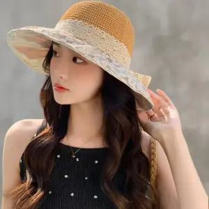 여성용 라탄 밀짚 버킷햇 레이스 꽃무늬 나들이 모자