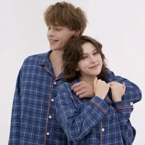 코튼라이크 블루먼 긴팔 커플 잠옷 세트