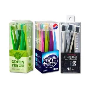 바른생활 그린티 초극세모 칫솔 12입, 1개 +아트컬렉션 숯 칫솔 초극세모 12입, 1개+콤팩트케어 칫솔 초극세모 12입, 1개
