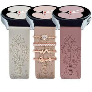 갤럭시 워치용 오라티판 밴드 7/6/5/4 /FE 40mm 44mm, 매력이 있는 20mm 여성 플라워 각인 실리콘 교체 스트랩 워치 5 프로 / 3 액티브 2 4 클래식