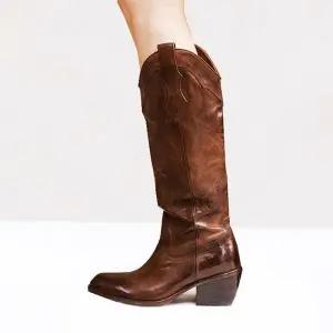 여자 웨스턴 카우보이부츠 브라운 소가죽 나비자수 뾰족코 통굽 키높이 롱부츠 2024신상 패