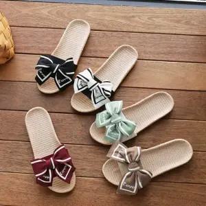 LOVE 자수 리본 라탄 슬리퍼 밀짚 여름 신발 실외화 실내화 샌들 여자