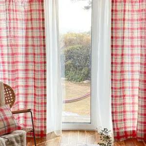 [텐바이텐]솔라 체크 면린넨 커튼-레드