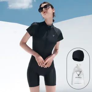 제테스 여성 아쿠아 집업 반팔 3부 반신 실내수영복 올블랙 L_4A231