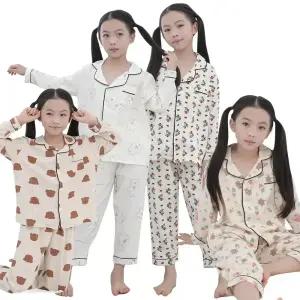 아동 긴팔 잠옷 세트 포포면 가을 긴바지 곰돌이 파자마 주니어 어린이 여아 유아 실내복 홈웨어 set 카라 단추