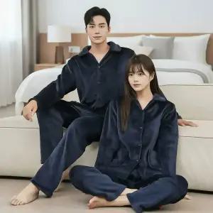 이브바바 남성 여성 커플 겨울 밍크극세사 무지 카라 상하 수면잠옷 파자마세트