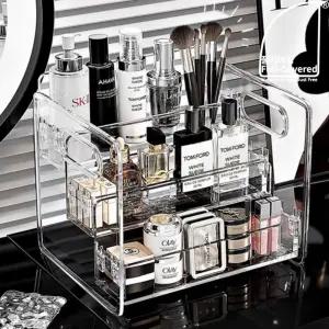 풀커버링 투명 손잡이 3단 화장품 트레이 향수 진열대 조립형 화장대 다용도 수납정리대