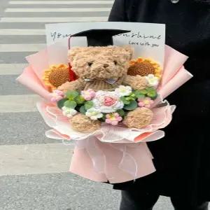 졸업식 곰인형 꽃다발 LED 플라워 송이 완제품 뜨개꽃