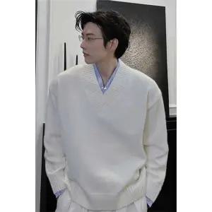 남자 흰색 니트 빈티지 이너 페이크 추동 스웨터 브이넥 패피4