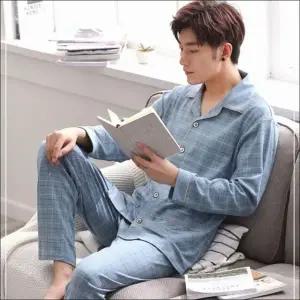 (색상 블루)겨울 남자 잠옷세트 홈웨어 체크카라 상하의세트