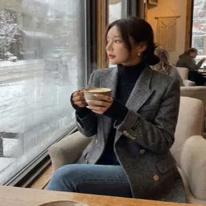 여성 가을 겨울 고급 헤링본 A라인 모직 자켓 캐주얼 정장 출근룩 졸업식 슬림핏 베이식 재킷