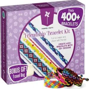 바람개비 공예 우정 팔찌 키트 - 8-12세 소녀용 DIY 끈 만들기 치실 100개 유색/금속 구슬 브레이딩 클립