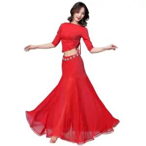 줌바 밸리댄스 옆트임 상의 밸리댄스의상 오프숄더 무대 레드 상의+롱스커트+안전바지 M