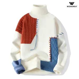남성 터틀넥 니트 케이블 패치워크 스웨터 오버핏 겨울 목폴라티 WI016N