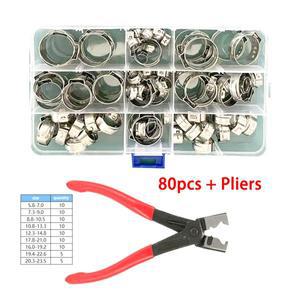 80개 304 스테인리스 스틸 크림프 호스 클램프 단일 이어 무단계 링 + 클립 플라이어