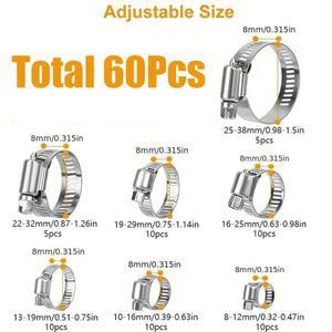 60pcs 조정 가능 스테인레스 스틸 나사 밴드 호스 클램프 자동차 연료 파이프 웜 기어 클립