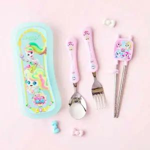 프린세스 캐치 티니핑 뽀니핑 풀커버 교정 케이스 세트 1개 유아 아동 보조 젓가락 스푼 포크 휴대용 도시락 케이스 캐릭터