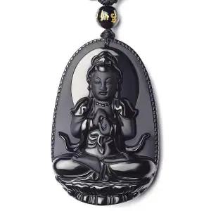 불교 목걸이 천연석 흑요석 목 염주 띠별 십이지신 부처님 조각 펜던트 검은색 원석 구슬