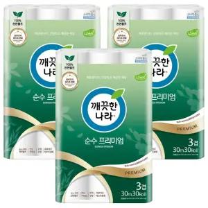 깨끗한나라 순수 프리미엄 화장지 30롤 3겹 30m, 3팩