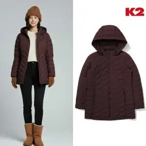 [백화점 출고] K2 패딩 여성 플라이 하이크 뮤리엘 레드 브라운 후드 탈부착 중기장 힙기장 퀼팅 경량 자켓