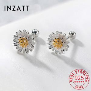INZATT 925 스털링 피어싱 스터드 스크류 플라워 8MM 액세서리 쥬얼리 실버 귀걸이 파인 클래식 여성용