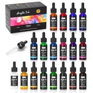 Nicpro 18색 아크릴 잉크, 드로퍼가 포함된 1온스(30ml) 병, 아티스트용 퀵 드라이 영구 드로잉 잉크 드로잉을 위한 필수 색상 세트, 붓기 아트, 에어브러시, 스크랩북,