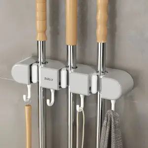 3구4고리 청소도구거치대 대걸래 밀대걸이(그레이) 대걸레집게 밀대