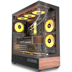 KEDIES PC 케이스 ATX 5 PWM ARGB 팬 사전 설치, 미드 타워 컴퓨터 케이스, 풀 뷰 유리, 타입-C, 프린트 호두나무 패널, 360mm 라디에이터 지원, 블랙 게이밍 P6