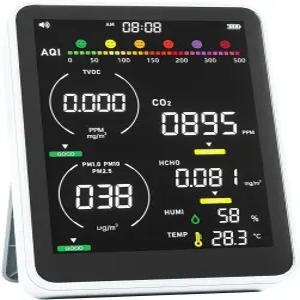 실내 공기질 측정기 PM 2.5 CO2 TVOC HCHO PM1 AQI PM10 온도 및 습도 실시간 표시 배터리 구동 가정